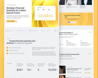 Pode incluir: Uma interface de site para a Synvero Investments com um gráfico abstrato amarelo, tabelas de dados financeiros e seções de texto detalhando soluções financeiras estratégicas, perfis de especialistas e métricas de sucesso.