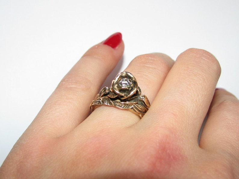 Vintage Rose Flower Shape Diamond Engagement Ring Set Size Etsy