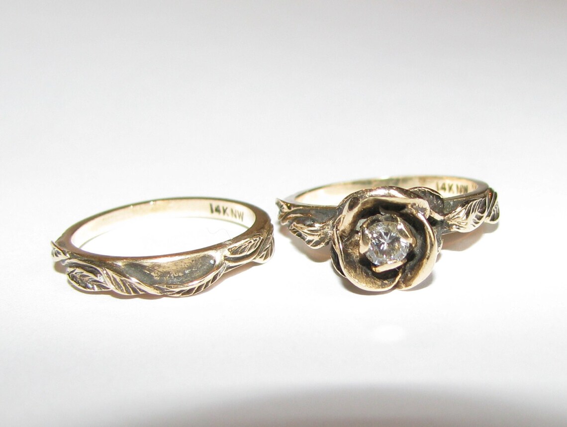 Vintage Rose Flower Shape Diamond Engagement Ring Set Size Etsy