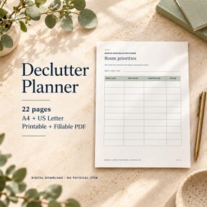 May include: A printable declutter planner document featuring 22 pages in A4 and US Letter sizes. The page displays the text Room-by-Room Declutter Planner, Room priorities, and a table with columns for Room/area, Main friction, Small first task, and Priority.