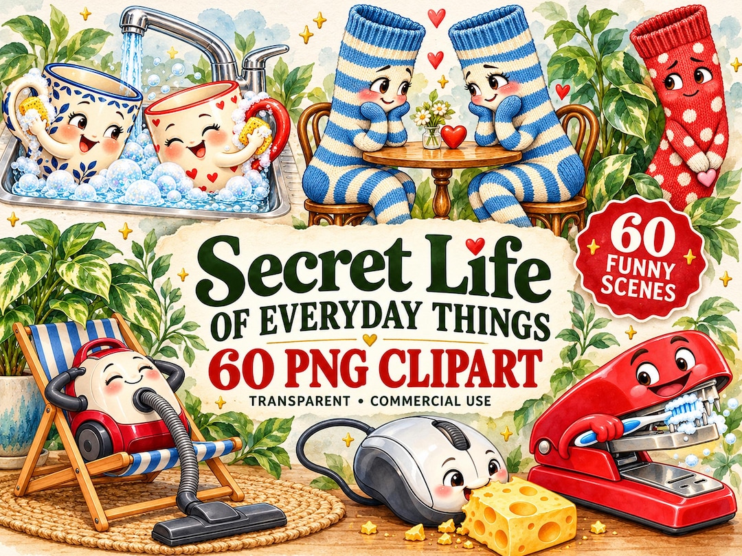 Funny Everyday Objects Clipart Bundle, 60 Transparent Pngs, Secret Life ...
