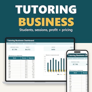 May include: A digital tutoring business dashboard template for Google Sheets and Excel. The display shows revenue, expenses, profit, and job tracking data in tables and bar charts on a laptop screen and a mobile phone screen.