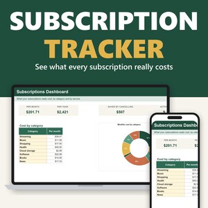 May include: A digital subscription tracker template for Google Sheets and Excel displayed on a laptop and smartphone screen. The dashboard shows cost by category, monthly totals, and a pie chart. Text includes Subscription Tracker.