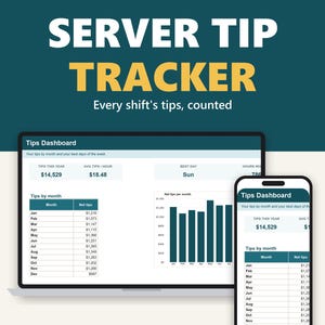 May include: A digital Server Tip Tracker spreadsheet template displayed on a laptop and smartphone screen. The interface features a Tips Dashboard with tables and bar charts showing monthly earnings, annual totals, and hourly averages.