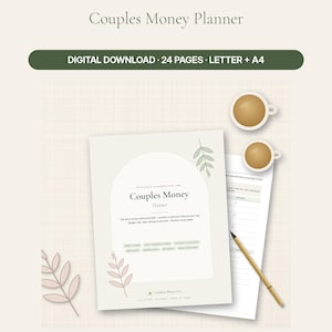 Planificador de finanzas para parejas imprimible, planificador de presupuesto para parejas, hoja de cálculo para dividir gastos, pago de deudas, registro de ahorros y tarjetas para citas financieras en formato PDF.