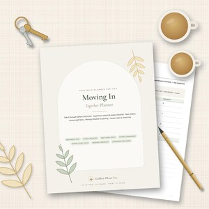 Planificador imprimible para mudarse juntos, lista de verificación para el primer apartamento, división de alquiler y facturas, tabla de tareas, lista de verificación de contrato de arrendamiento y embalaje en PDF.