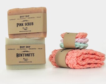 Vegan Soap Gift Set: Natural, Unscented, with Crochet Washcloth & Scrubbies