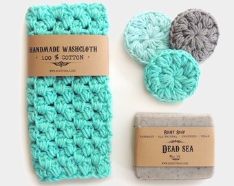 Girlfriend Christmas Gift for Her | Vegan Natural Unscented Soap | Handmade Cotton Washcloth | Face scrubbies