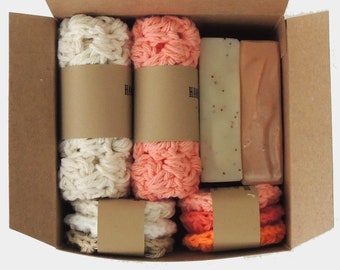 Grandmother Gift BOX | Christmas Gifts for Her | Grandma Gifts | 2 Soaps 2 Washcloths 6 Face Scrubbies | Unscented Vegan Soap Set