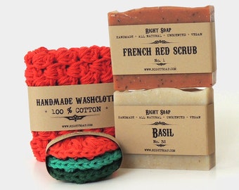 Vegan Soap Gift Set with Washcloth and Face Scrubbies, Red Christmas Stocking Stuffers, Bath Set for Women Unscented Handmade Soap Accessory