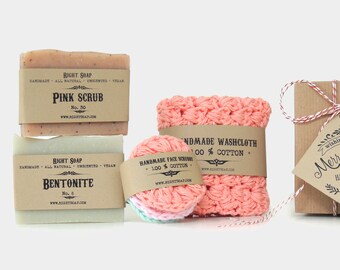 Vegan Soap Set and Bath Accessories, Unscented Natural Sensitive Mature Skin Care, Washcloth Christmas Gift Mother in law, Stocking stuffer