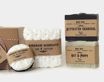 Vegan Soap Set with Cotton Washcloth and Face Scrubbies, All Natural Unscented Soaps for Sensitive Skin, Christmas Gift Box stocking stuffer