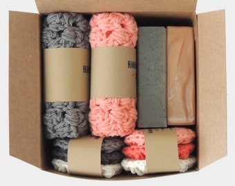 Couple Gift Box: Vegan Soap Set, Crochet Washcloths & Face Scrubbies for Women and Men