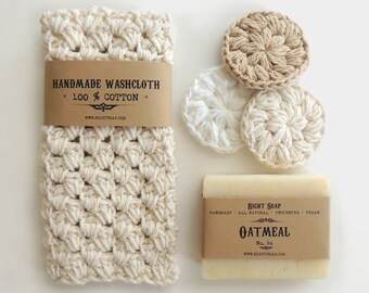 Gift Set for Mom Grandma Wife | Natural Unscented Vegan Soap Handmade Cotton Washcloth Face Scrubbies, Christmas  gifts for Mother