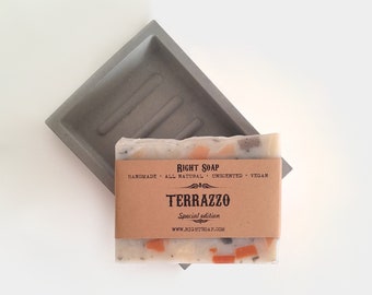 Mothers Day Gift for her and him, Luxurious Terrazzo Soap Bar and Concrete Soap Dish Set -  Unscented, Vegan, Natural, Handmade Soap