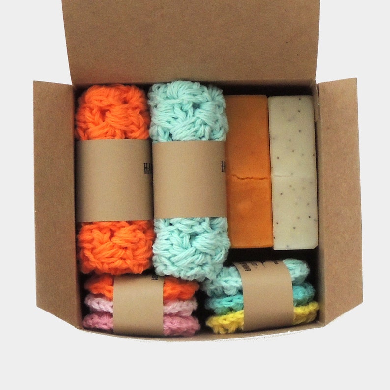 Mother Gift Box Mom Christmas Gifts for women Vegan Soap Gift Set with Cotton Washcloths and Face Scrubbies, Women Stocking Stuffer Orange / Turquoise