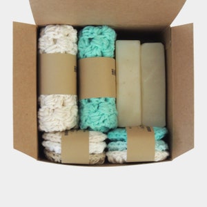 Mother Gift Box Mom Christmas Gifts for women Vegan Soap Gift Set with Cotton Washcloths and Face Scrubbies, Women Stocking Stuffer Teal / Natural