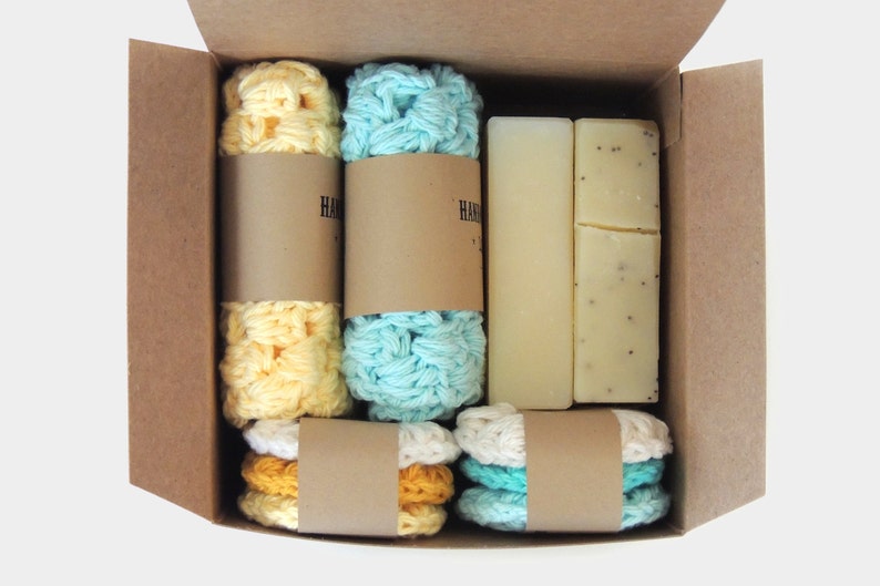 Mother Gift Box Mom Christmas Gifts for women Vegan Soap Gift Set with Cotton Washcloths and Face Scrubbies, Women Stocking Stuffer Turquoise / Yellow