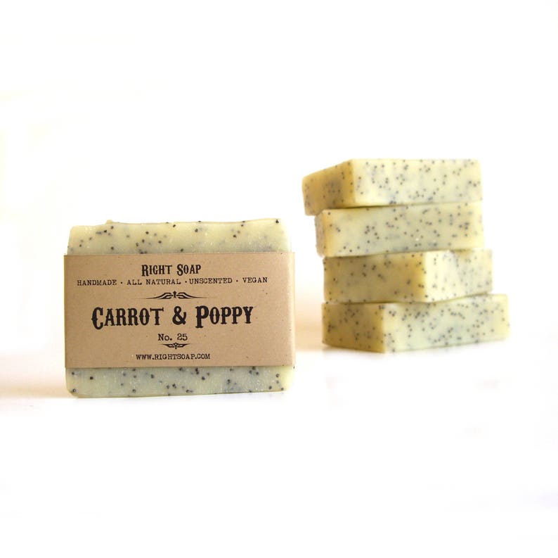 Carrot and Poppy Scrub Soap, Exfoliating Soap Bar for Sensitive Skin, facial and body bar soap for normal and sensitive skin, gentle Exfoliator. Can be used to reduce Cellulite, Handmade vegan unscented soap, natural best Right Soap