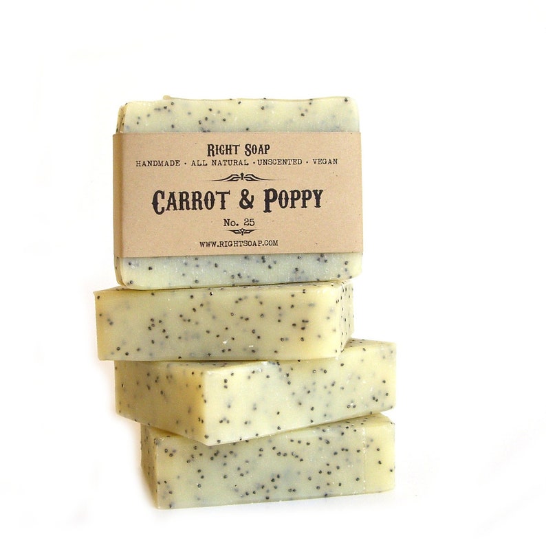 Carrot and Poppy Scrub Soap, Exfoliating Soap Bar for Sensitive Skin, facial and body bar soap for normal and sensitive skin, gentle Exfoliator. Can be used to reduce Cellulite, Handmade vegan unscented soap, natural best Right Soap