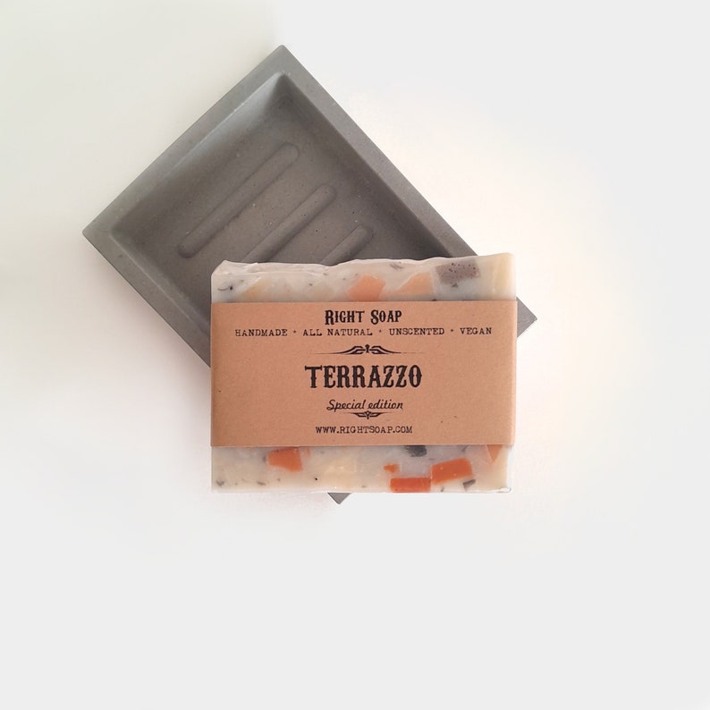 Terrazzo Soap Bar and Concrete Soap Dish Set, Unscented Vegan Handmade Soap, Modern Bathroom Gift for Her or Him