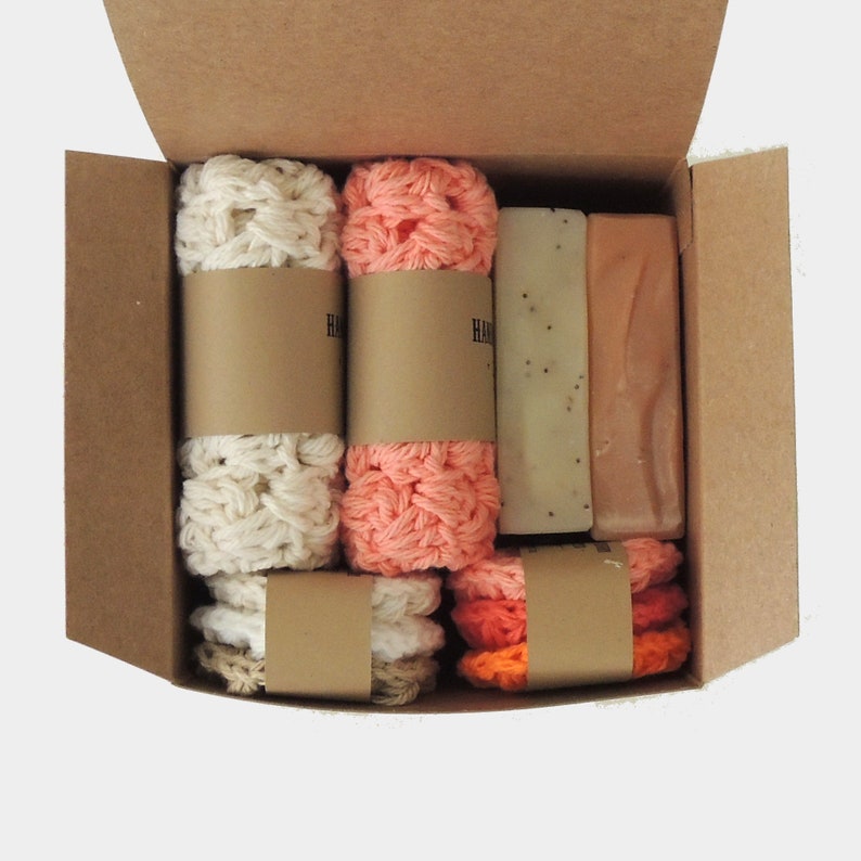 Mother Gift Box Mom Christmas Gifts for women Vegan Soap Gift Set with Cotton Washcloths and Face Scrubbies, Women Stocking Stuffer Natural / Peach