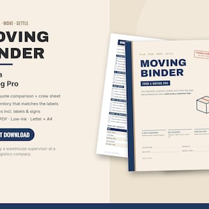 May include: A digital moving binder planner with a cream cover, dark blue text, and a box graphic. The cover reads Moving Binder, From a Moving Pro, and Hand-Carry Do Not Pack. It includes checklists, inventory sheets, and move-day prep pages.