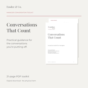 May include: A 21-page digital PDF manager conversation toolkit titled Conversations That Count by Essdee & Co. The document provides practical guidance for giving feedback, addressing team behavior, setting boundaries, and navigating disagreement.