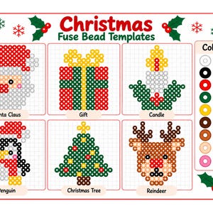May include: A Christmas Fuse Bead Templates sheet featuring six grid designs: Santa Claus, a gift, a candle, a penguin, a Christmas tree, and a reindeer. A color key on the right lists white, black, red, green, yellow, brown, light brown, beige, and pink.