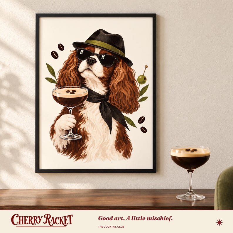 Cavalier Espresso Martini Print, A4 or A3 Dog Cocktail Poster, Unframed Wall Art image 1