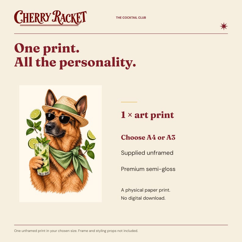German Shepherd Mojito Print, A4 or A3 Dog Cocktail Poster, Unframed Wall Art image 9