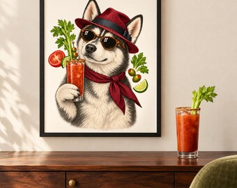 Husky Bloody Mary Print, A4 or A3 Dog Cocktail Poster, Unframed Wall Art