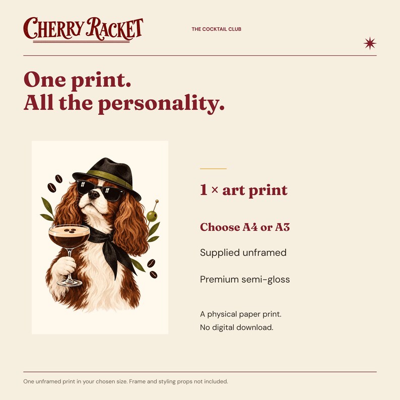 Cavalier Espresso Martini Print, A4 or A3 Dog Cocktail Poster, Unframed Wall Art image 9