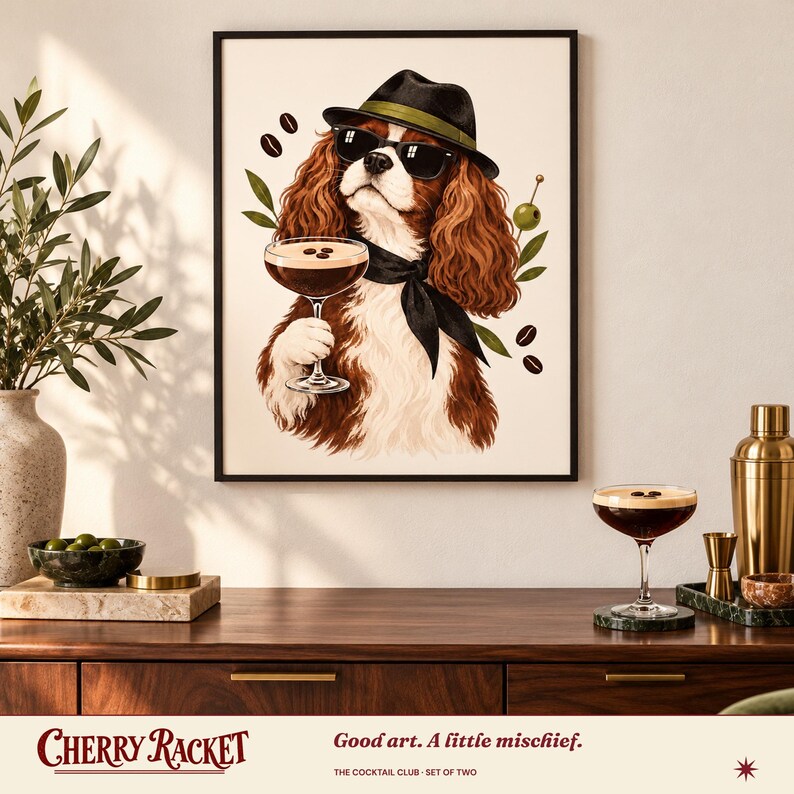 Martini Dog Art Print Set of 2, Cavalier and Dachshund, Unframed A4 or A3 image 4