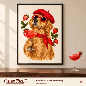 Golden Retriever Strawberry Daiquiri Print, A4 or A3 Dog Cocktail Poster, Unframed Wall Art