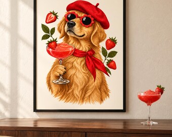 Golden Retriever Strawberry Daiquiri Print, A4 or A3 Dog Cocktail Poster, Unframed Wall Art