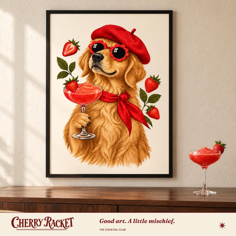 Golden Retriever Strawberry Daiquiri Print, A4 or A3 Dog Cocktail Poster, Unframed Wall Art image 1