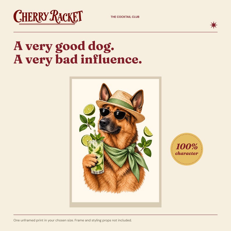 German Shepherd Mojito Print, A4 or A3 Dog Cocktail Poster, Unframed Wall Art image 2