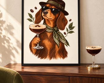 Dachshund Espresso Martini Art Print, Unframed A4 or A3