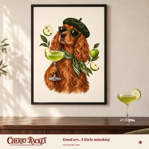 Spaniel Appletini Print, A4 or A3 Dog Cocktail Poster, Unframed Wall Art