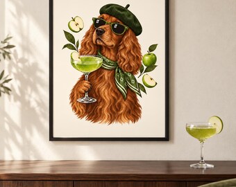 Spaniel Appletini Print, A4 or A3 Dog Cocktail Poster, Unframed Wall Art