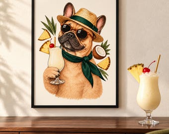 French Bulldog Piña Colada Print, A4 or A3 Dog Cocktail Poster, Unframed Wall Art
