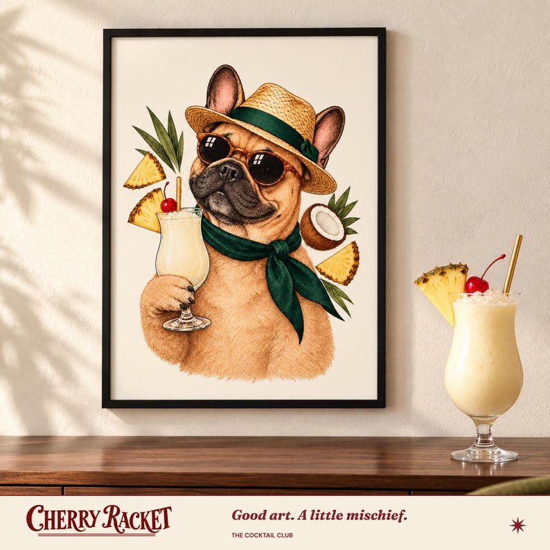 French Bulldog Piña Colada Print, A4 or A3 Dog Cocktail Poster, Unframed Wall Art image 1