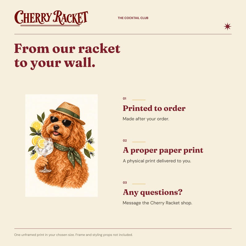 May include: A cream-colored informational graphic featuring the text Cherry Racket The Cocktail Club. It displays an illustration of a brown curly-haired dog wearing a straw hat, sunglasses, and a green scarf, holding a cocktail glass with lemon slices.