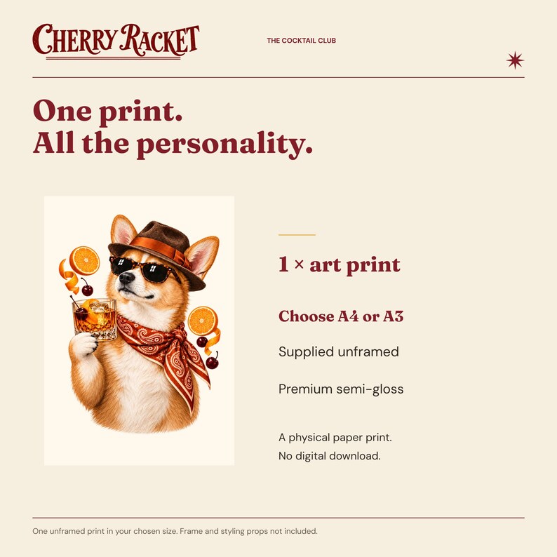 May include: An unframed art print featuring a Corgi wearing a brown fedora, sunglasses, and a red paisley bandana, holding a cocktail with orange slices and cherries. Text includes Cherry Racket, The Cocktail Club, One print. All the personality., 1 x art print, Choose A4 or A3, Supplied unframed, Premium semi-gloss, A physical paper print. No digital download.