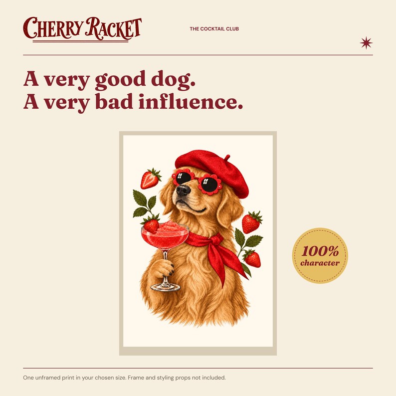 Golden Retriever Strawberry Daiquiri Print, A4 or A3 Dog Cocktail Poster, Unframed Wall Art image 2