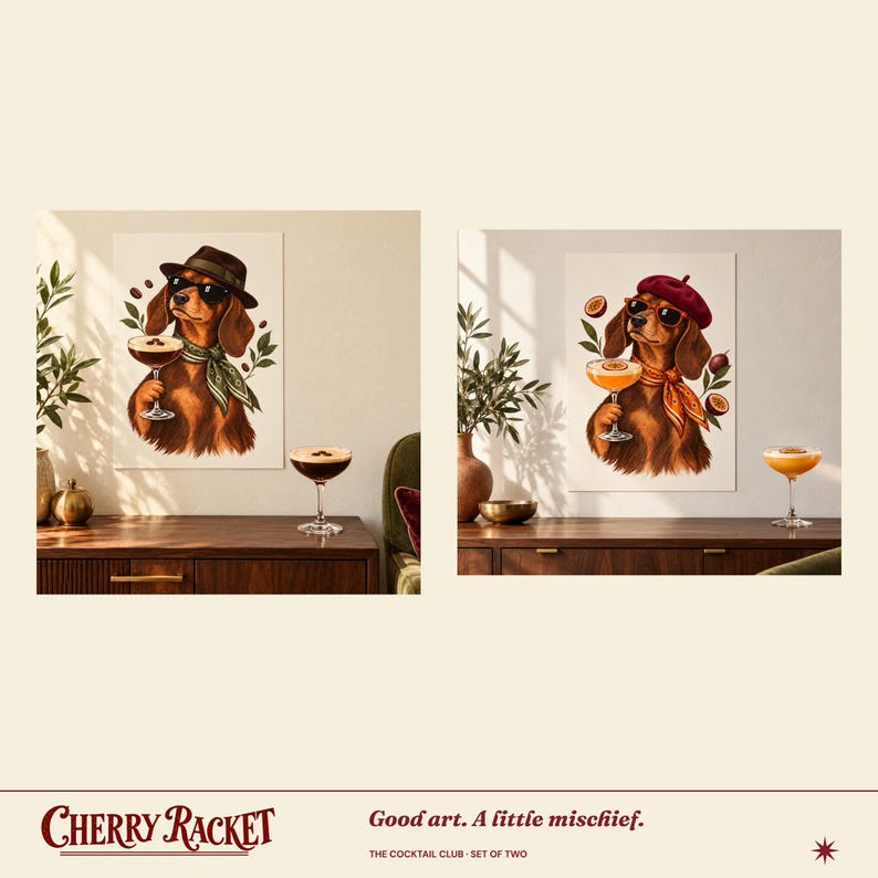 Dachshund Cocktail Art Print Set of 2, Espresso and Pornstar Martini, Unframed A4 or A3 image 6