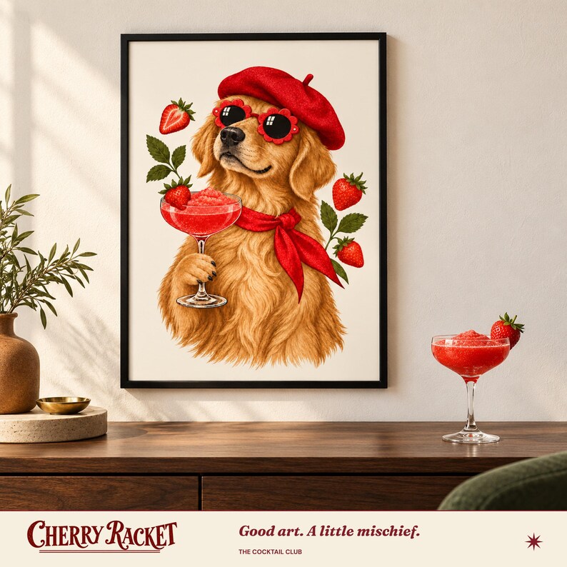Golden Retriever Strawberry Daiquiri Print, A4 or A3 Dog Cocktail Poster, Unframed Wall Art image 4