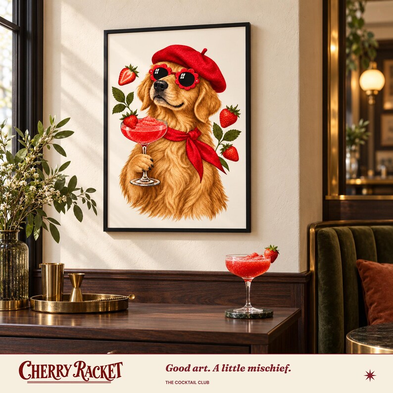 Golden Retriever Strawberry Daiquiri Print, A4 or A3 Dog Cocktail Poster, Unframed Wall Art image 5