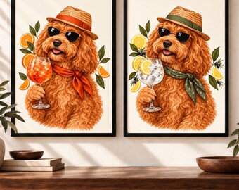 Cockapoo Cocktail Art Print Set of 2, Aperol Spritz and Gin and Tonic, Unframed A4 or A3